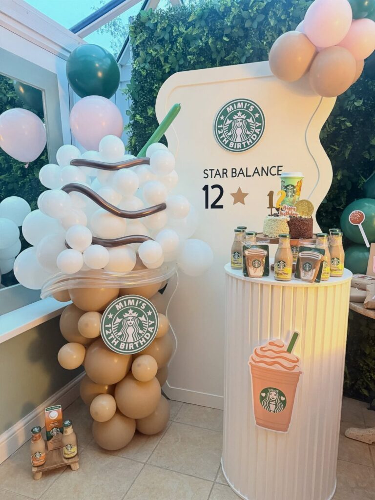 Starbucks themed 12th birthday party setup with balloons, treats, and custom signage.