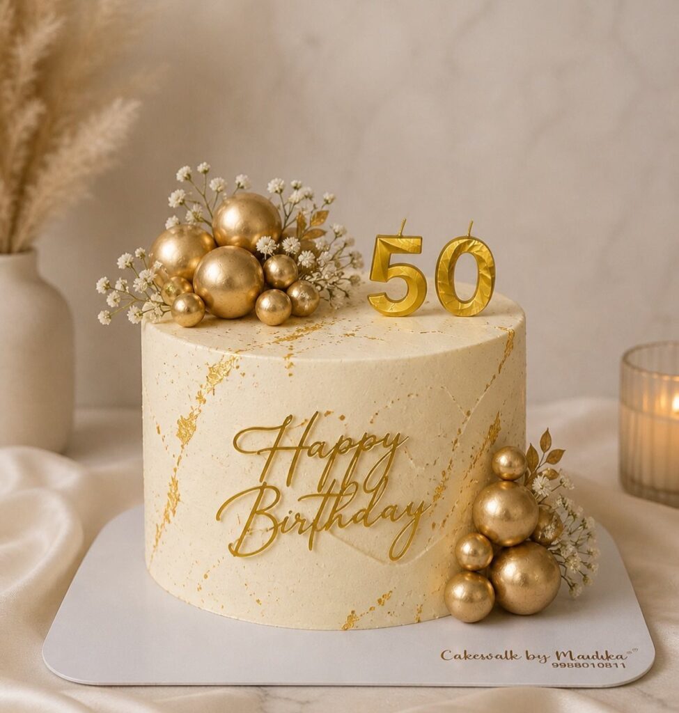 White marble birthday cake with gold accents, 50 candles, and gold spheres