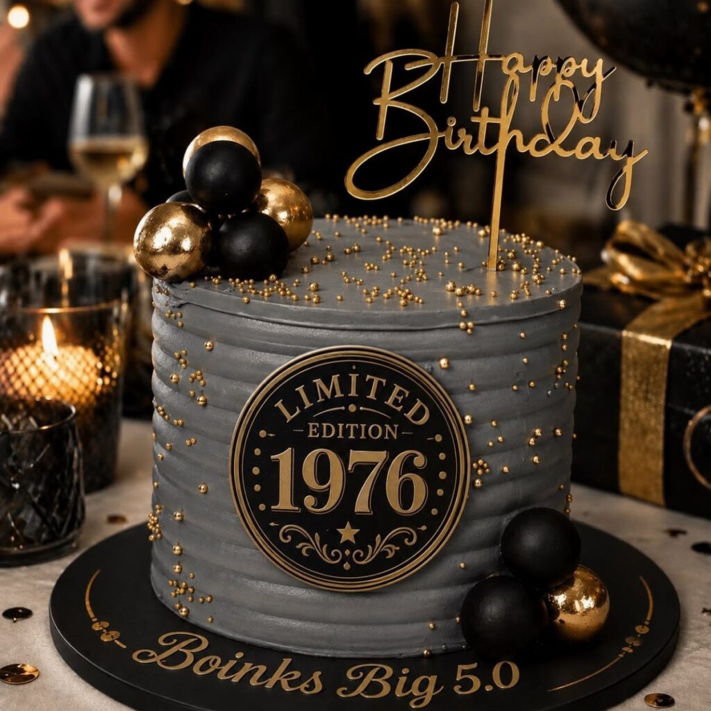 Grey birthday cake with gold accents and a Limited Edition 1976 plaque.
