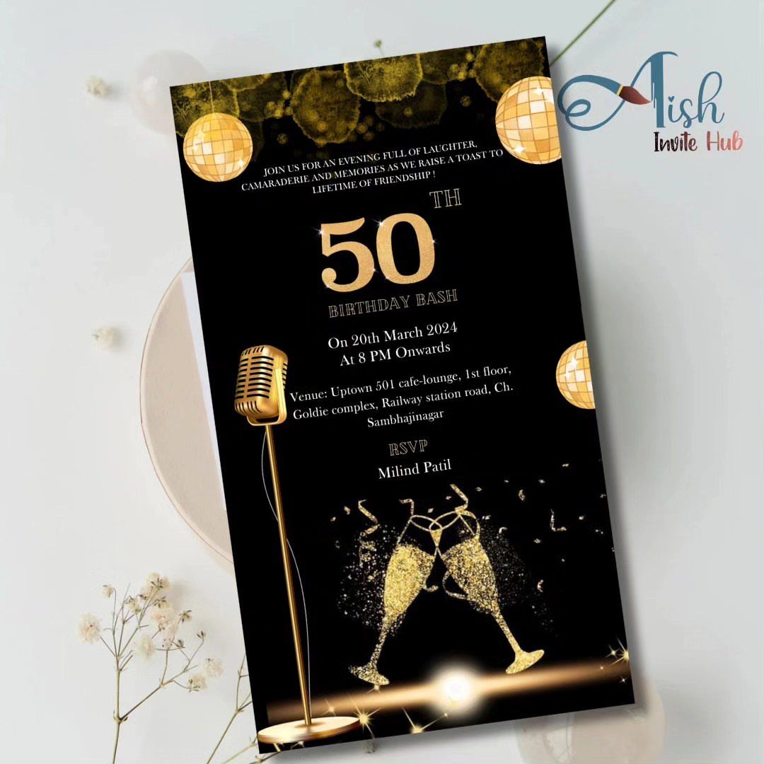 Black and gold 50th birthday invitation with champagne glasses and a gold microphone.