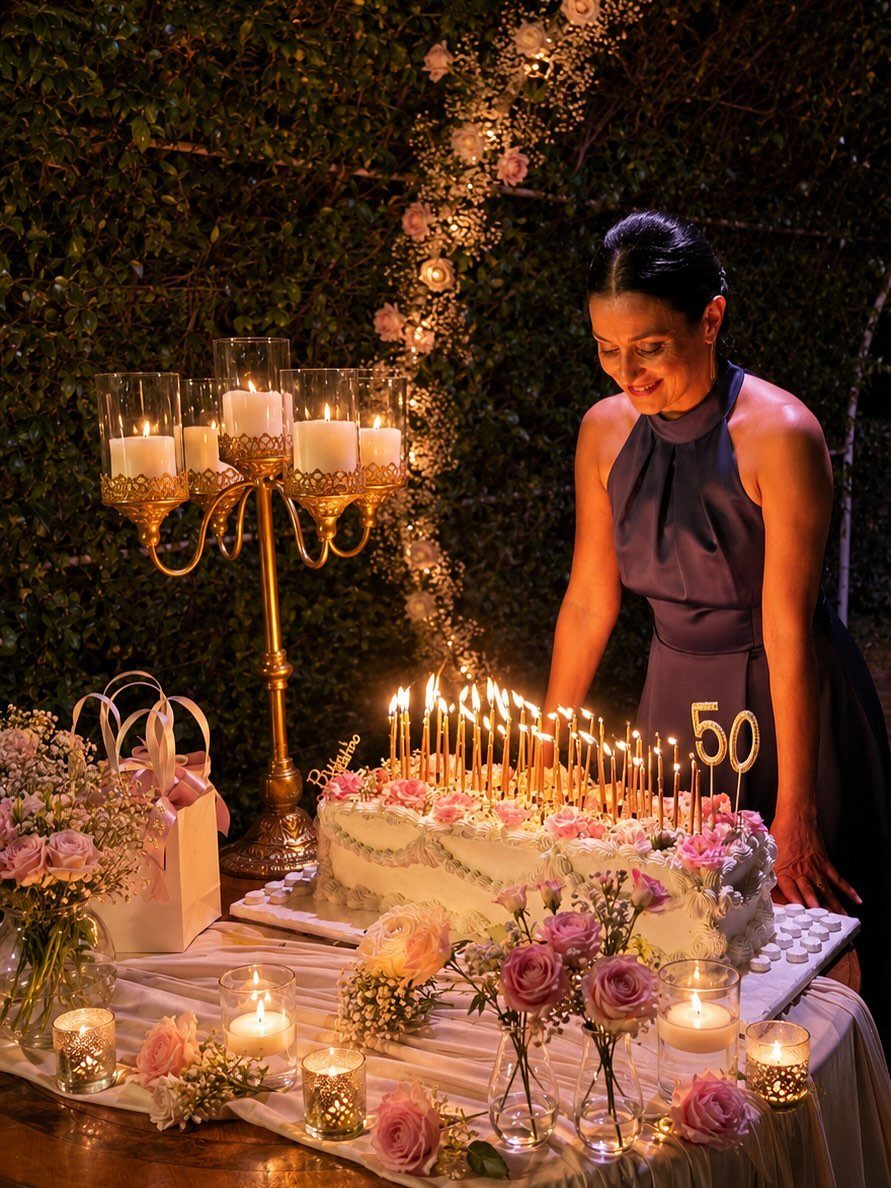 Woman in purple dress celebrating 50th birthday with cake and gold candelabra