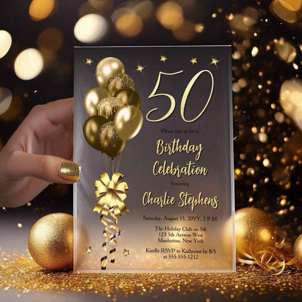 Black and gold 50th birthday invitation held by a hand with glitter nails.