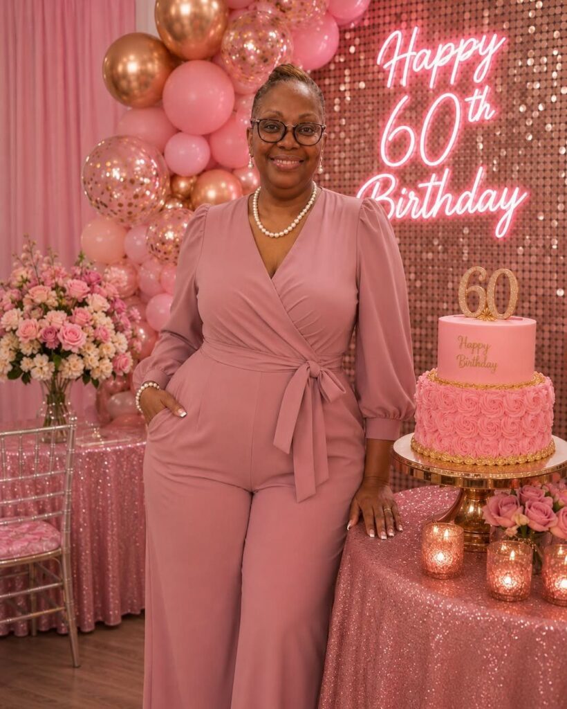 Woman in a mauve wrap-style jumpsuit standing by a 60th birthday cake.