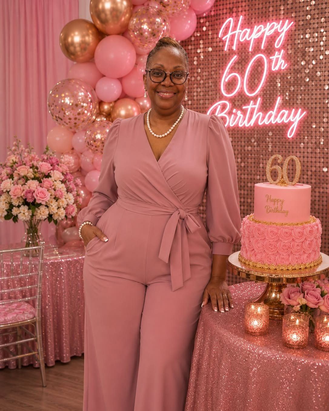Woman in a mauve wrap-style jumpsuit standing by a 60th birthday cake.