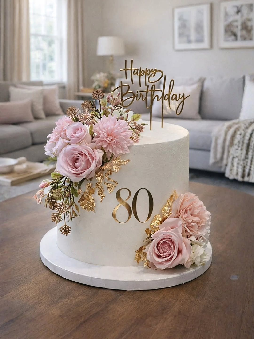 White 80th birthday cake decorated with pink roses and gold birthday toppers.