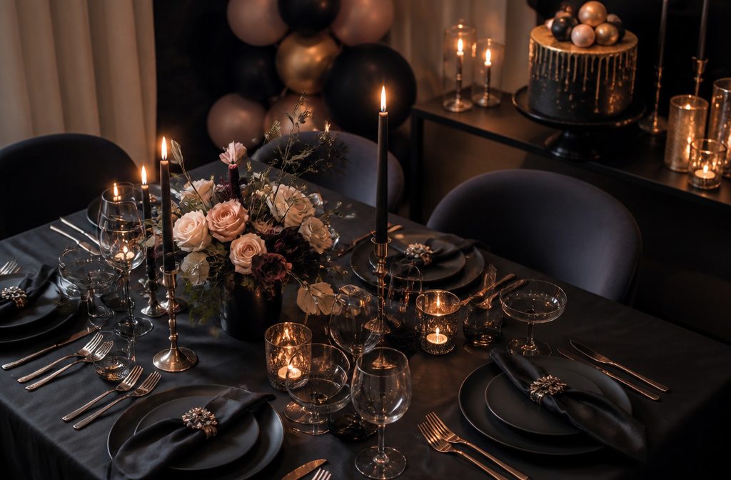 A dimly lit dining table with candles and elegant table settings