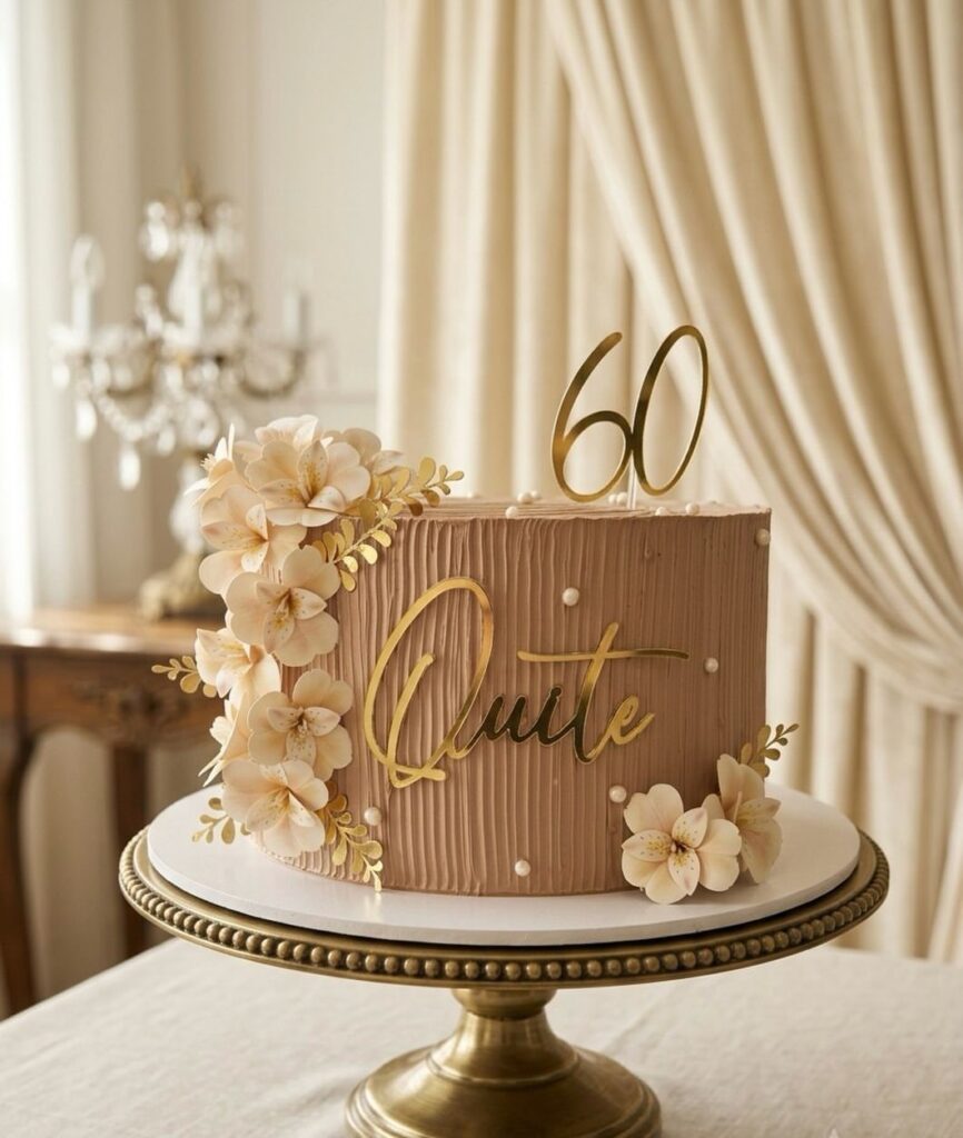 Taupe 60th birthday cake with gold toppers and cream flowers on gold stand