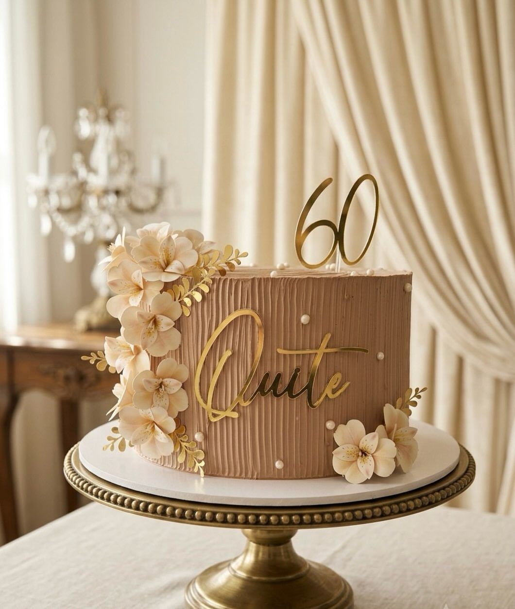 Taupe 60th birthday cake with gold toppers and cream flowers on gold stand