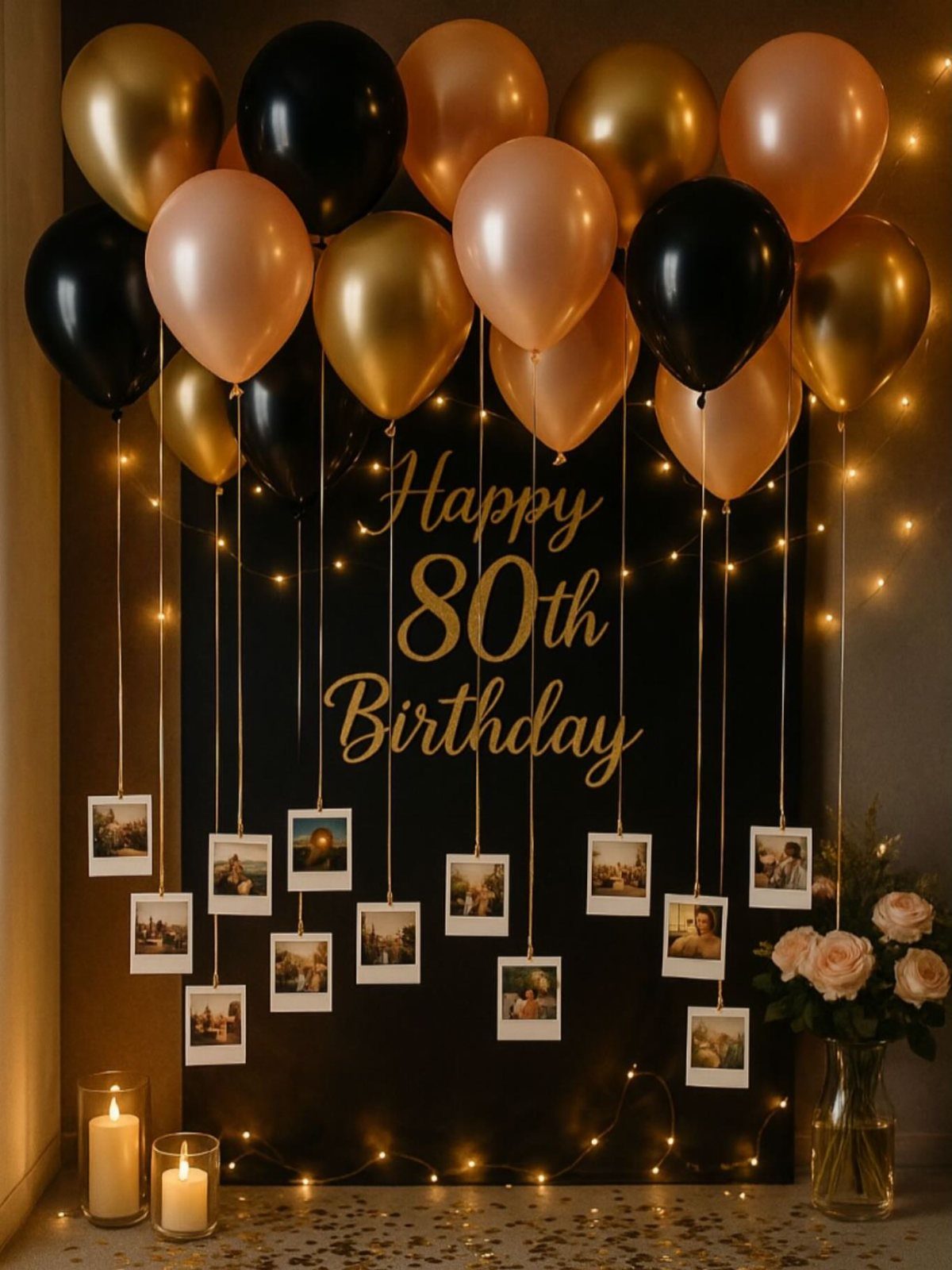 Gold and black balloon arch with Happy 80th Birthday sign and hanging photos.