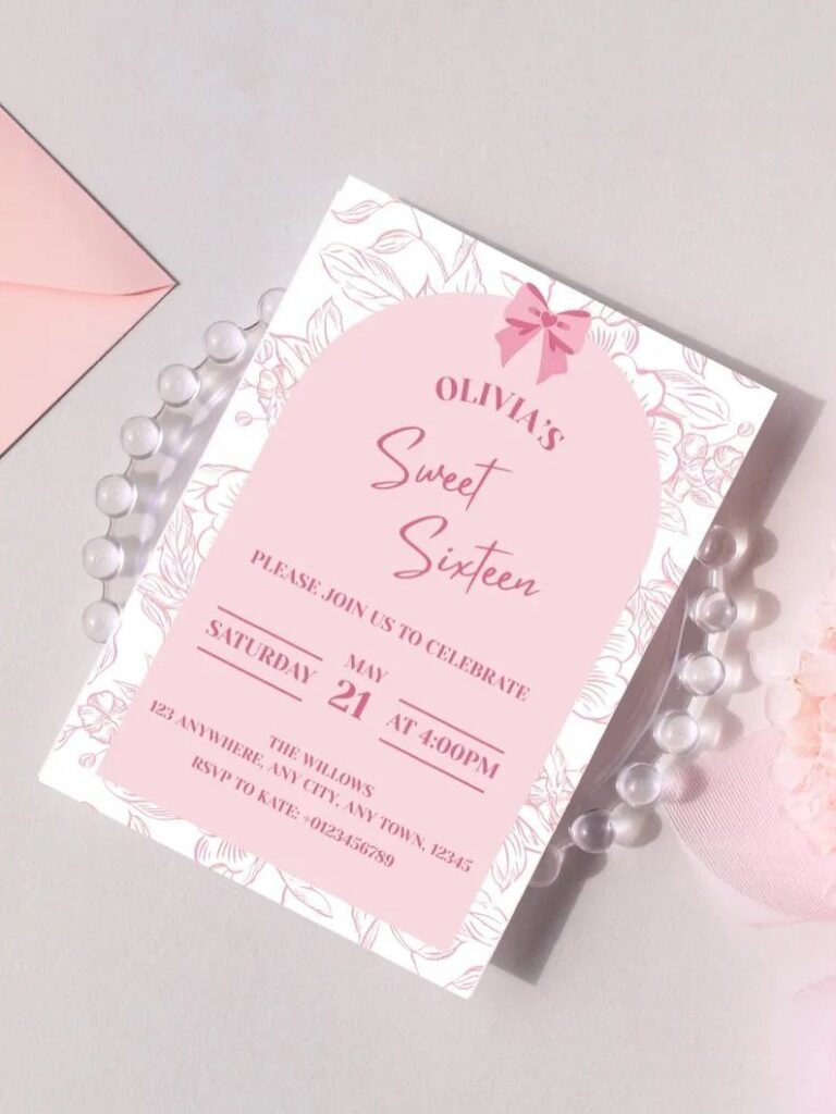 Sweet 16 invitation card with pink bow and pearls on white background
