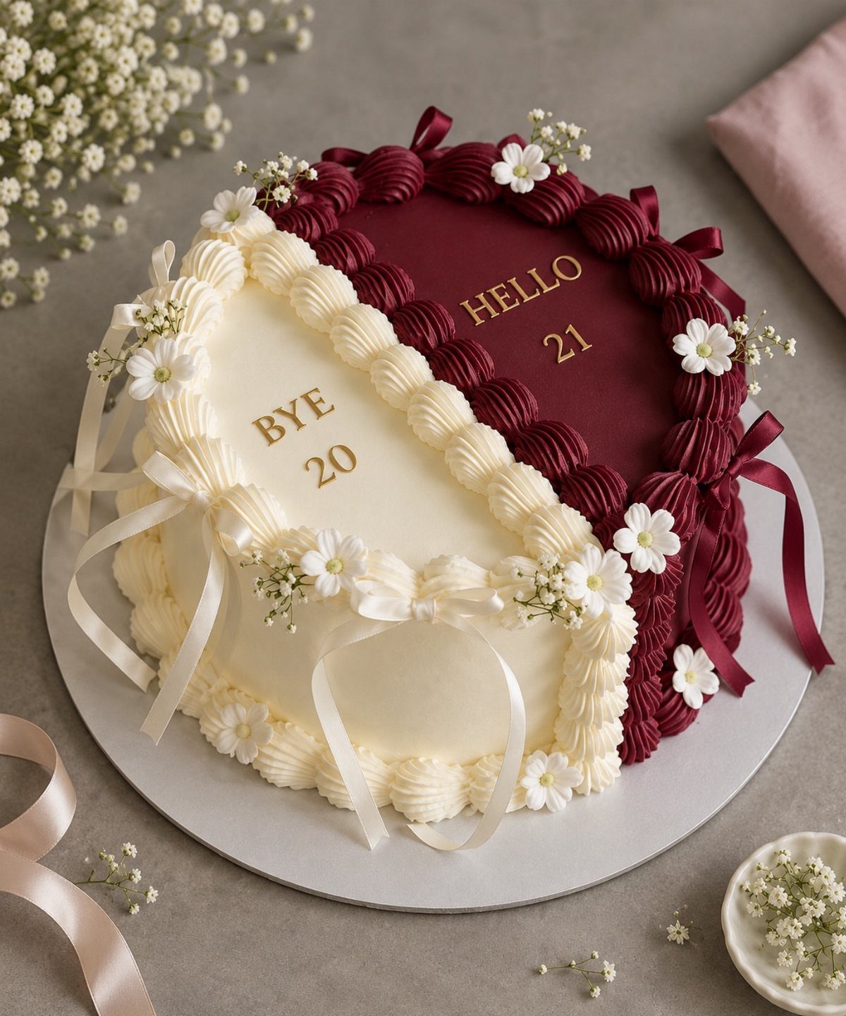Heart-shaped birthday cake split in cream and burgundy with gold 21st birthday text.