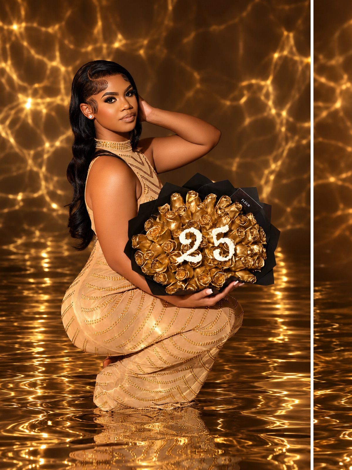 Woman in gold dress holding a gold rose bouquet with number 25