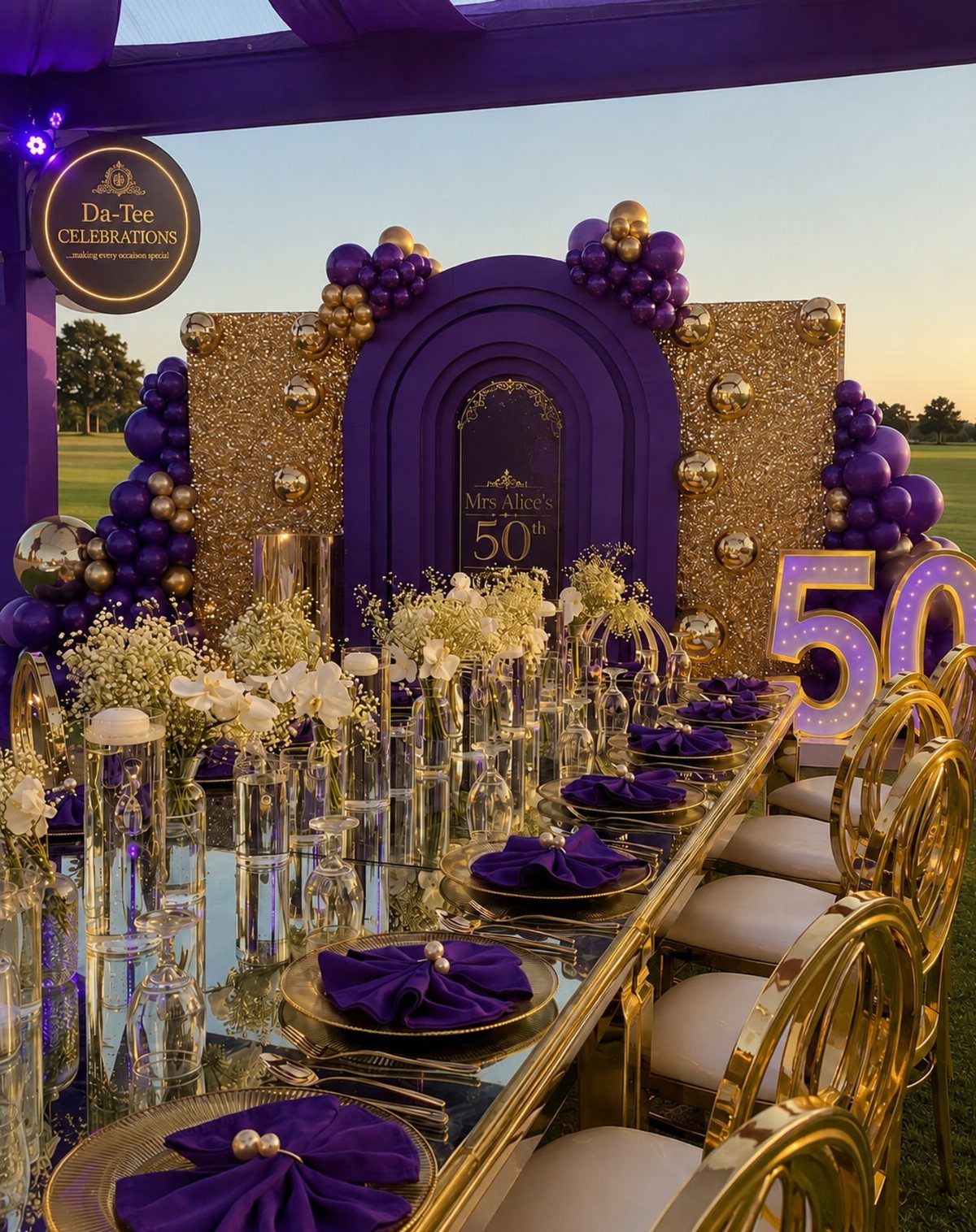 Mirrored dining table with purple napkins and gold accents for a 50th birthday.