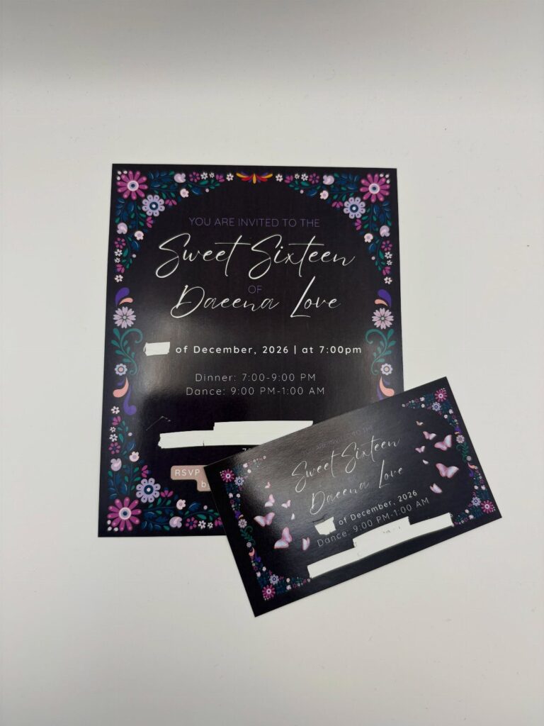 Black sweet sixteen invitations with floral borders and purple butterfly accents on white background