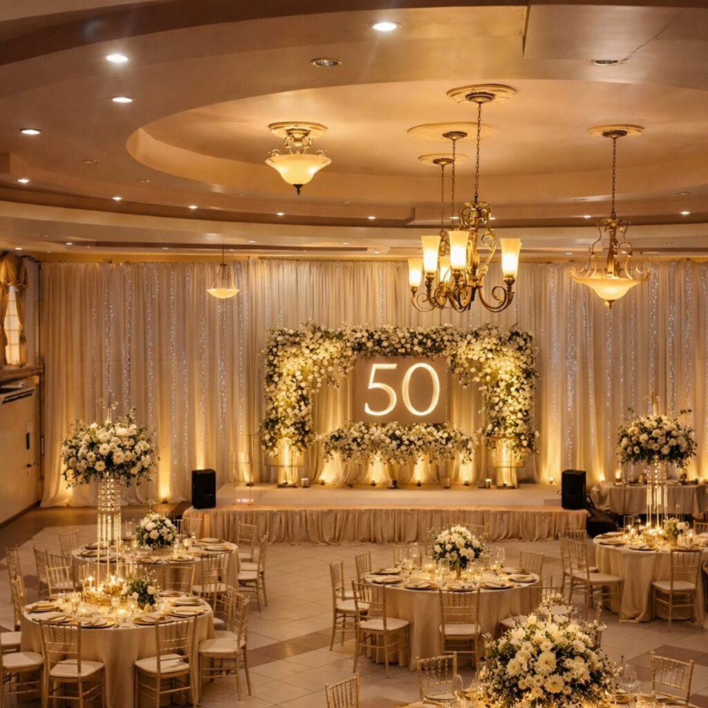 Elegant ballroom venue with gold decor and a floral arch featuring number 50.